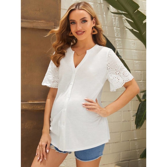 Maternity Notch v Neck Schiffy eyelet lace Sleeve Blouse white - Picture 3 of 5